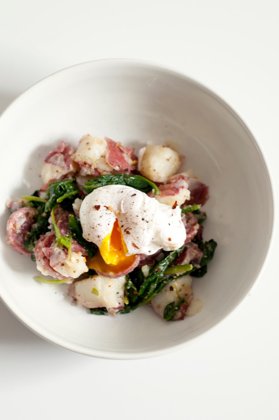 Lakyn + Judah Warm Honey Mustard Potato, Spinach, & Salami Salad + An Egg!