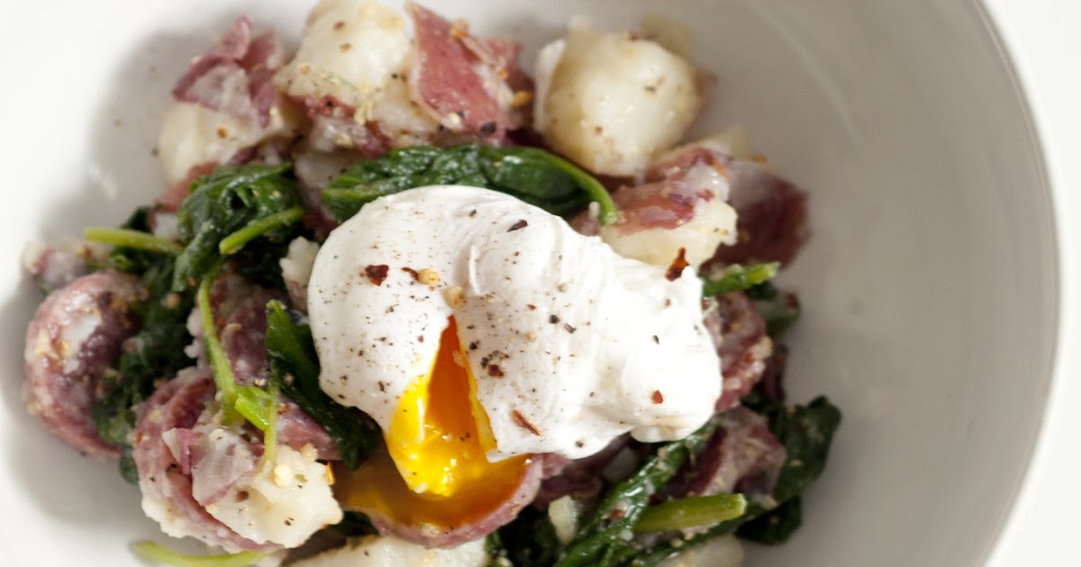 Lakyn + Judah Warm Honey Mustard Potato, Spinach, & Salami Salad + An Egg!