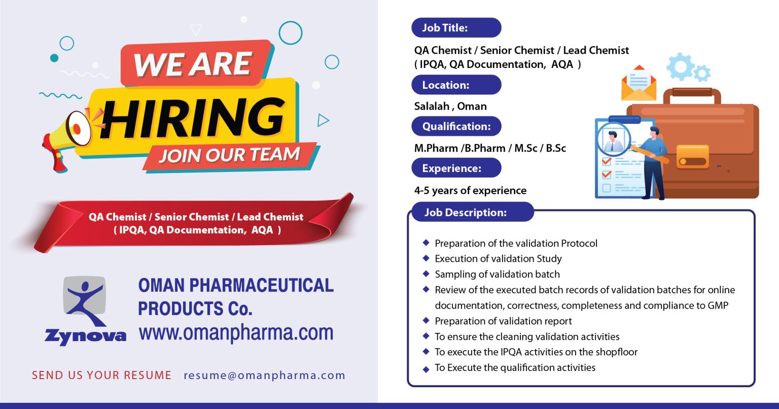 Oman Pharmaceuticals Abroad Openings (Oman) for QA Chemist / Sr