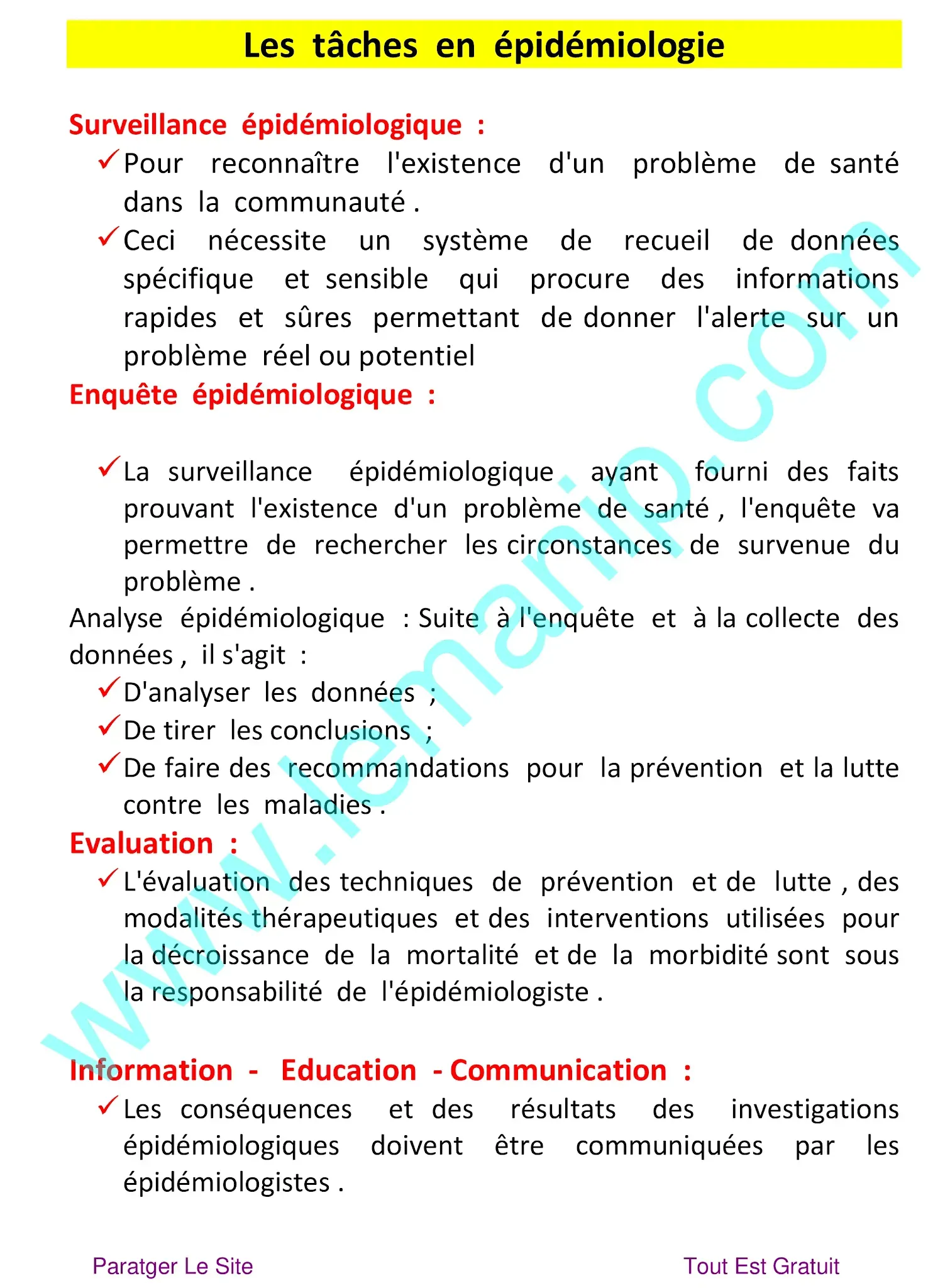 Les  tâches en épidémiologie