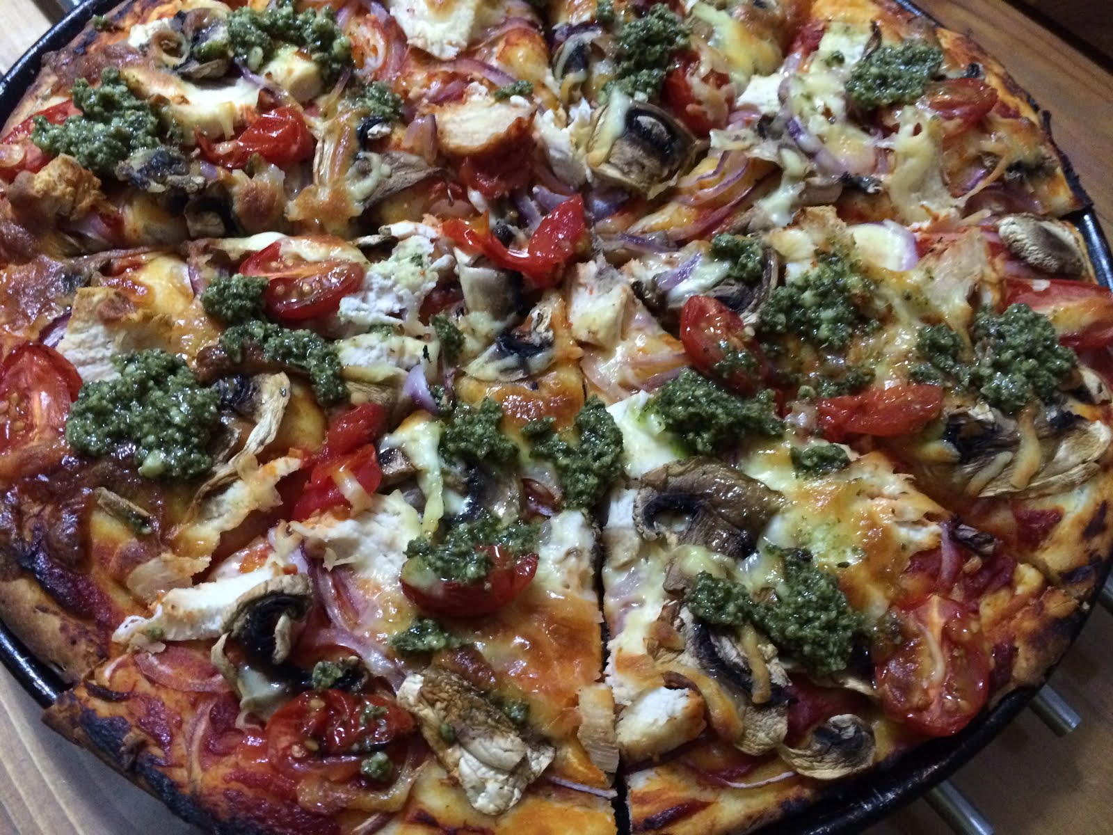 a dash of flavour Chilli Chicken, Mushroom and Pesto Pizza