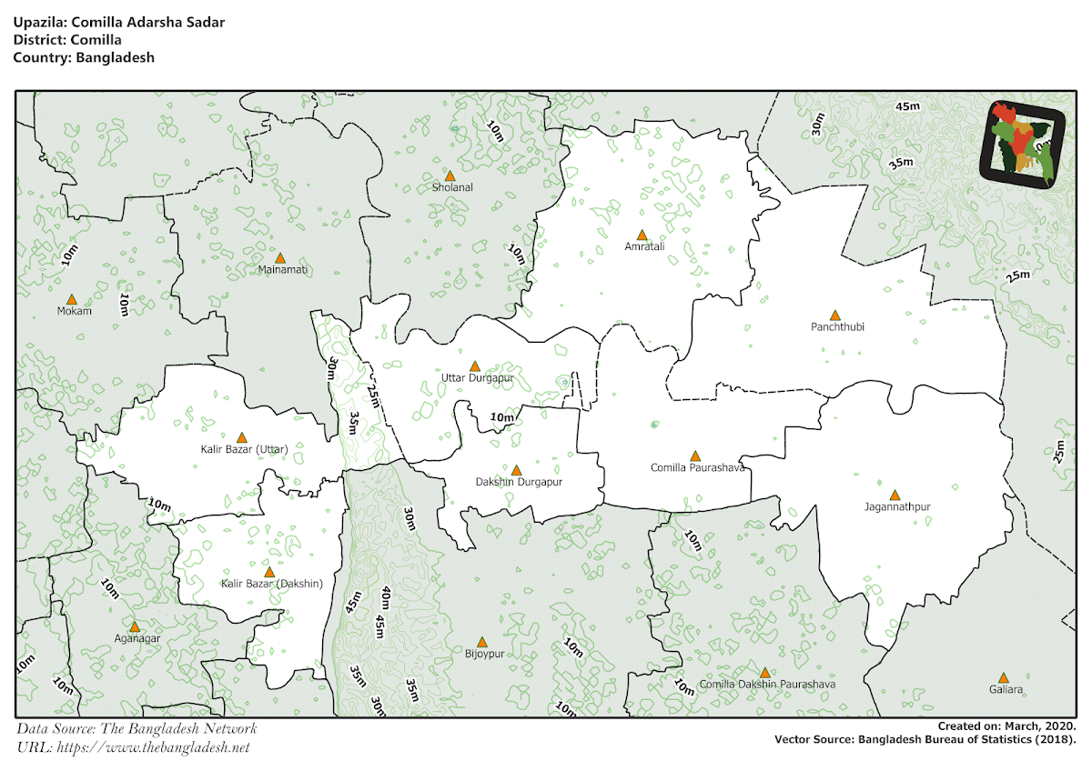Comilla Adarsha Sadar Upazila Elevation Map Comilla District Bangladesh