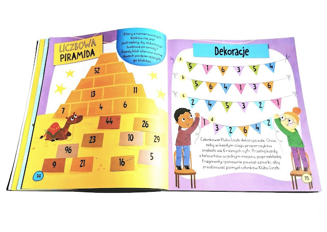 na zdjęciu strony z książki, po lewej liczbowa piramida z liczbami do uzupełnienia, po prawej chorągiewki z liczbami, które trzeba tak przemieścić aby w każdym rzędzie znajdowały się inne liczby