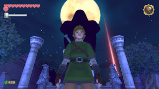 Link standing in front of the Goddess statue at night