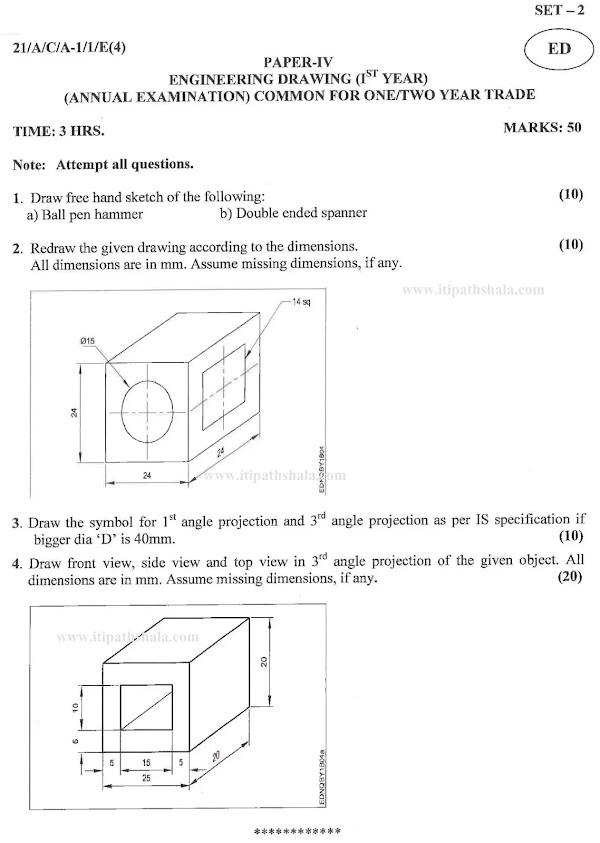 NCVT ITI Question Paper March 2021 - Engineering Drawing - Annual 1st Year - All Trades
