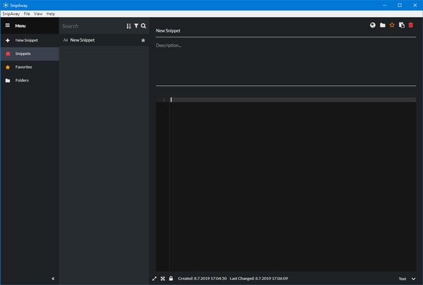 SnipAway: editor di codice gratuito per Windows con tema scuro