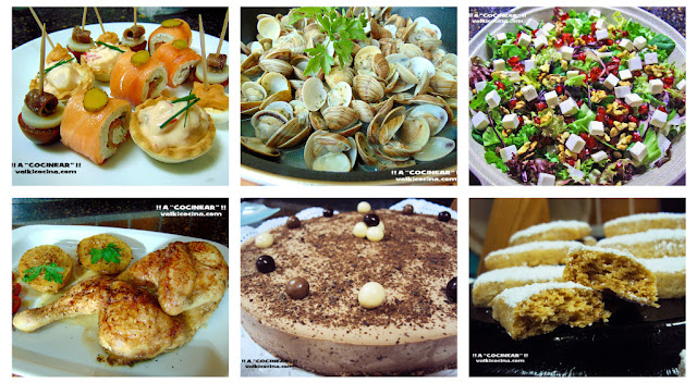 aperitivos, almejas, ensalada, pollo horno, tarta, hojaldrinas menú navideño 2