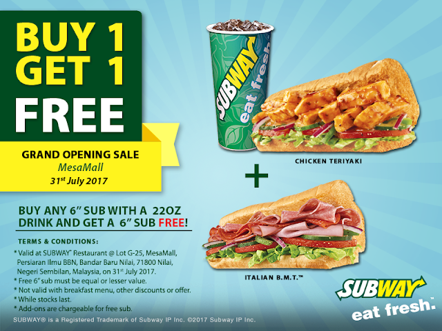 Subway Malaysia Grand Opening Sale Buy 1 Free 1 Promo