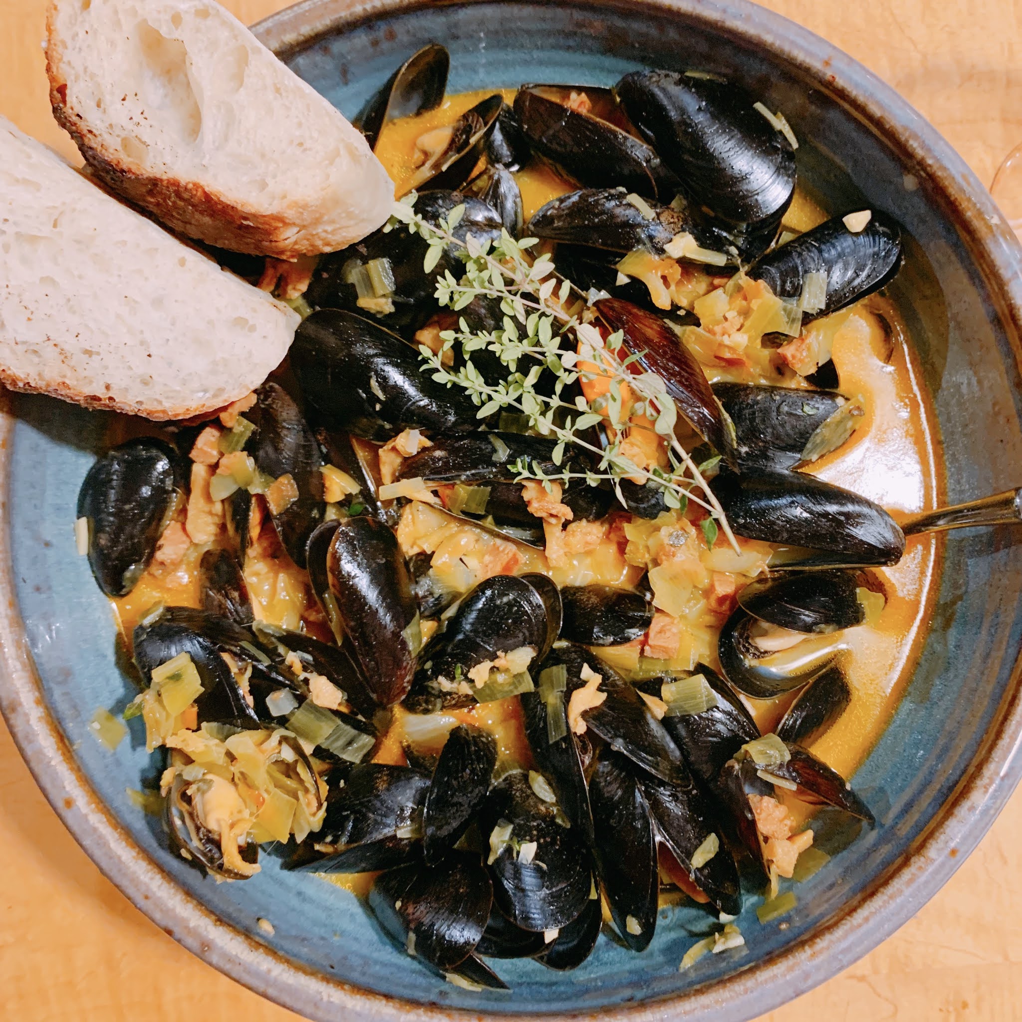 Mussels in Saffron Chorizo Broth