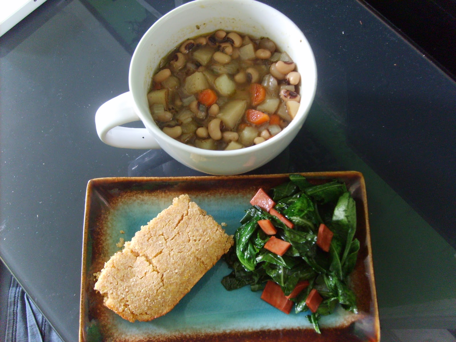 Basil Bakery Hearty Black Eyed Pea Soup and Collard Greens with 'Ham'
