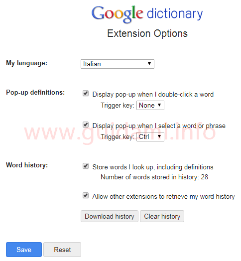 Opzioni estensione Google Dictionary per Chrome