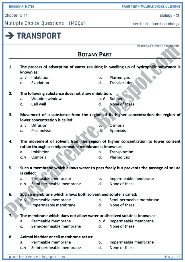 transportation-mcqs-biology-xi