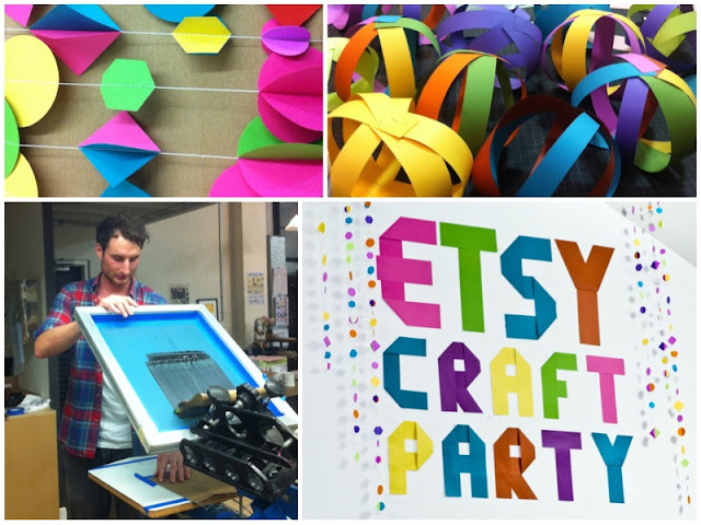 Various papercrafts and screen printing decor for Etsy Craft Party at Creative Outlet Studios