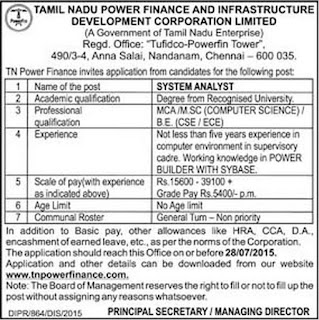 Applications are invited for System Analyst Post in Tamil Nadu Power Finance and Infrastructure Development Corporation Ltd Chennai