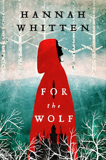 A girl in a red cloak stands in a winter forest. Inside the outline of her cloak is are the outlines of a dagger and a castle.