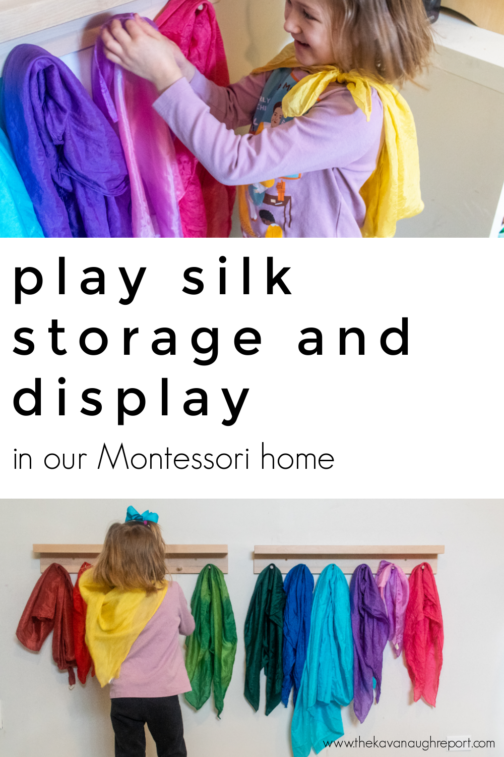 Storage and display solutions for play silks in a Montessori home. Easy to use ideas to help make this popular toy accessible and organized.
