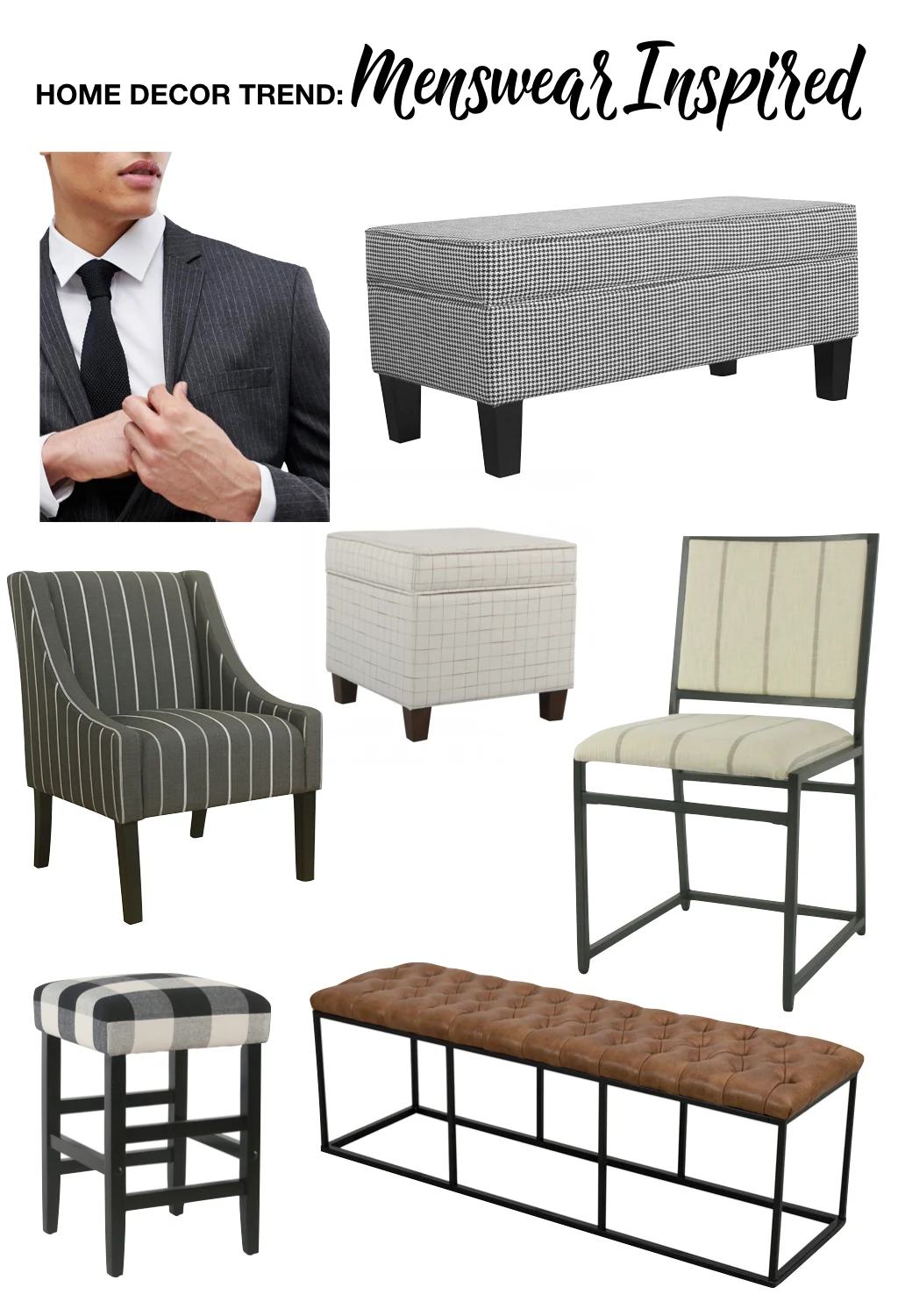 fall home decor trends | menswear inspired home decor | windowpane ottoman, pinstripe armchair