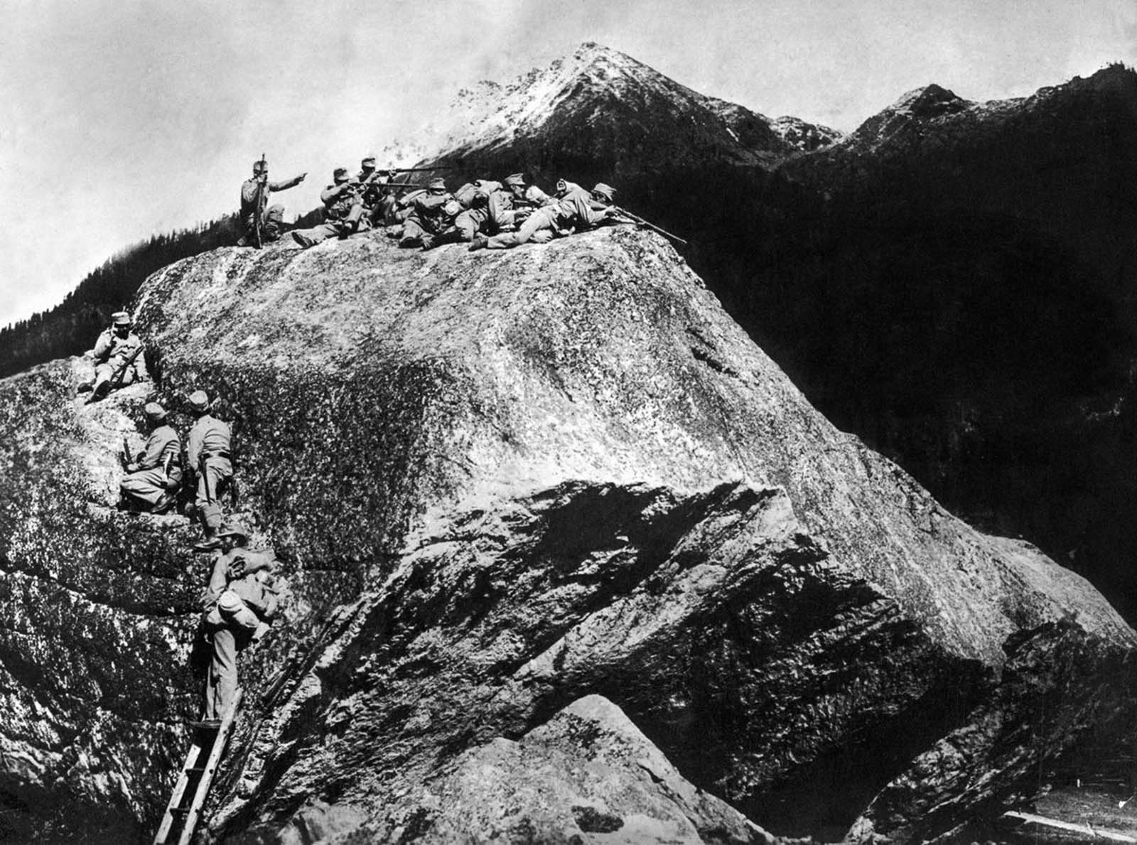 Austrian soldiers defend a mountain outpost in the Isonzo region.