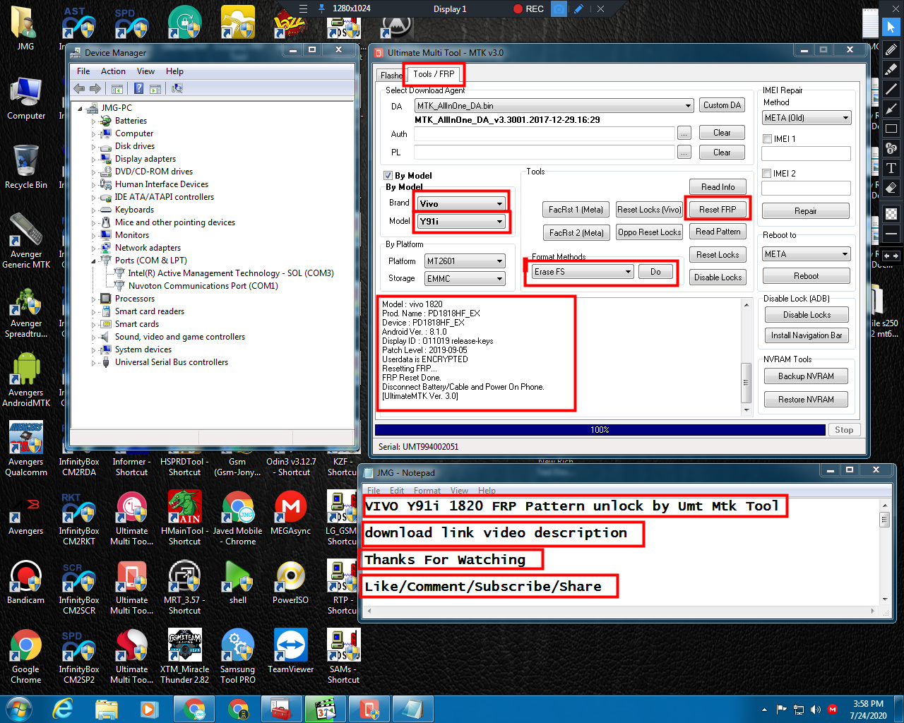 VIVO Y91i 1820 FRP Pattern unlock by Umt Mtk Tool 1000 Ok