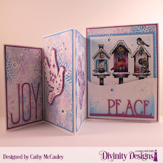 Stamp Set:  Christmas Birdhouses Paper Collection:  Christmas 2019 Custom Dies:  Four Panel Fold Card with Layers, Sentiment Strips, Long & Lean Letters, Christmas Dove, Curvy Slopes, Squares, Scalloped Squares, Peace Border