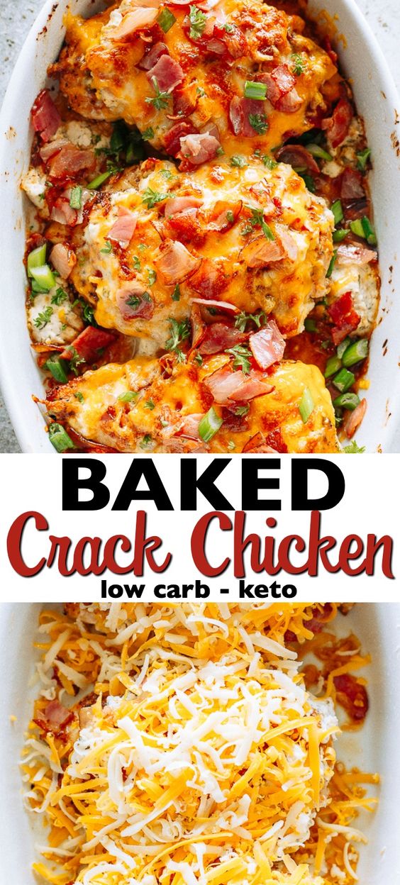 Baked Crack Chicken Breasts, also referred to as Ranch Chicken with Bacon, is a delicious and creamy dish loaded with cheese and bacon. Hard to believe that Crack Chicken is also Low Carb and Keto-Friendly! #crackchicken #ketorecipes #lowcarb #chickendinner