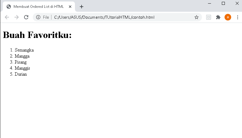 Membuat ordered list di HTML contoh ordered list