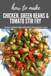 Chicken, Green Beans & Tomato Stir Fry:  Juicy tender chicken, crunchy green beans, and bursts of fresh tomatoes tossed in a killer sauce will give you goosebumps and have you reaching for seconds. - Slice of Southern