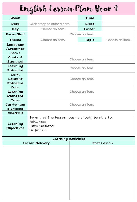 ENGLISH LESSON PLAN TEMPLATE YEAR 1 ENGLISH LESSON PLAN TEMPLATE YEAR 1