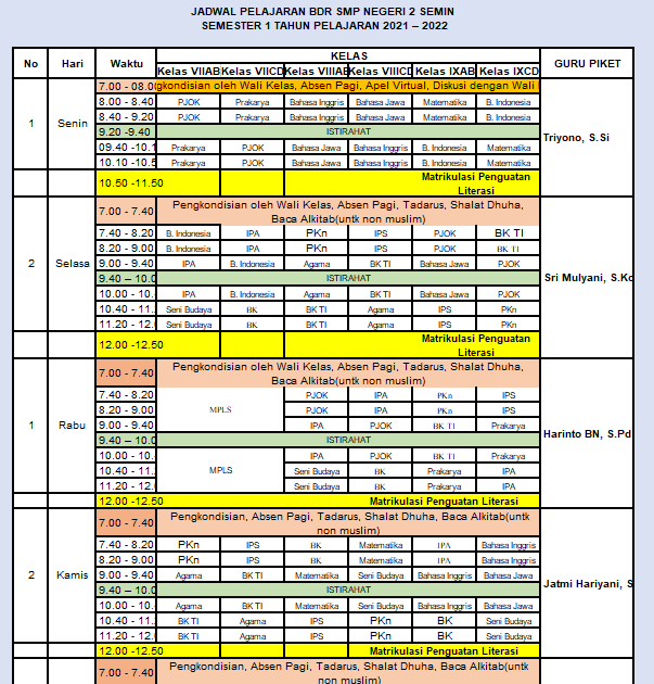 Jadwal BDR Semester 1 TA 2021/2022 ~ SMP NEGERI 2 SEMIN