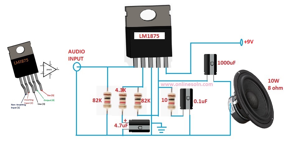 10 Watt Audio Amplifier Circuit designed by using IC LM1875