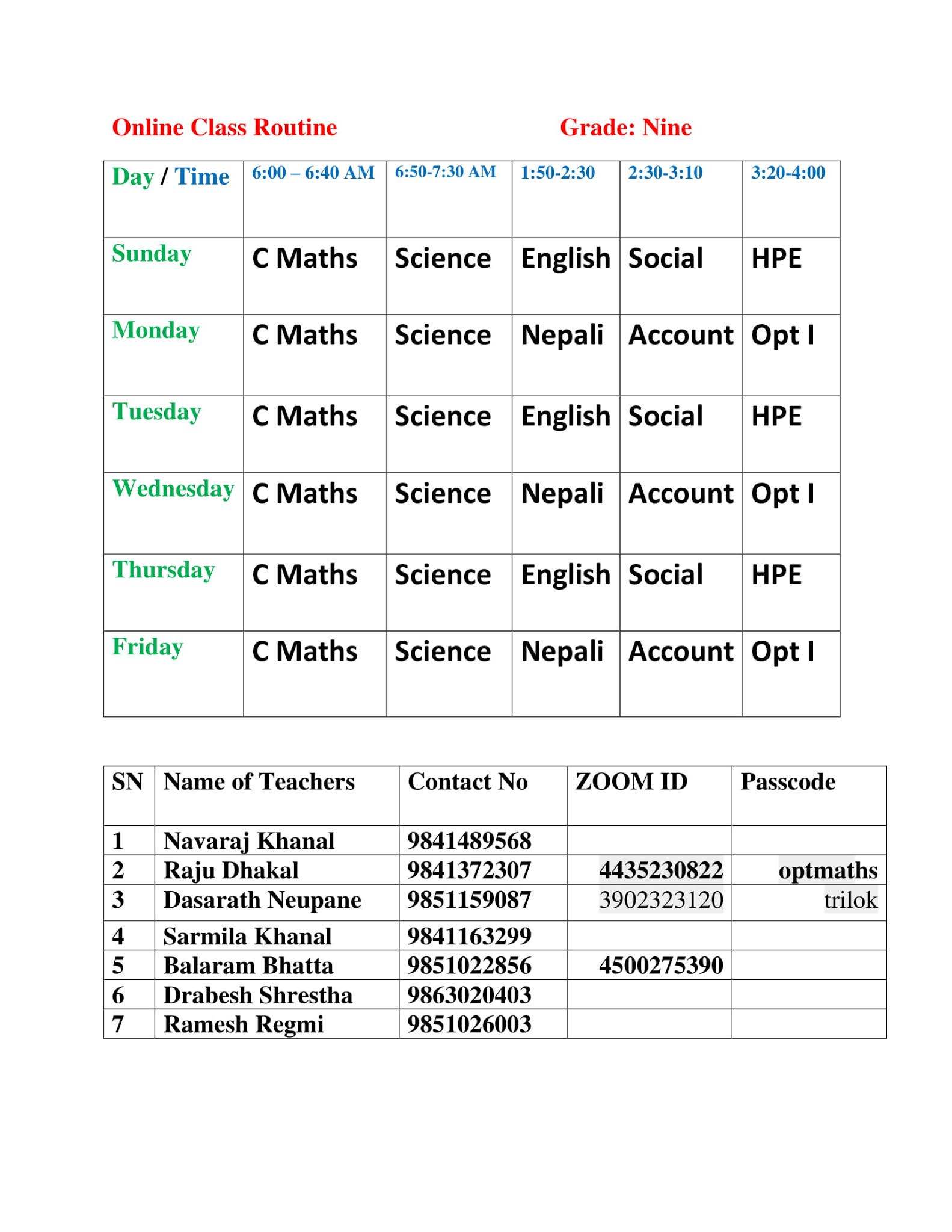 TRILOK SCHOOL: Online Class Routine
