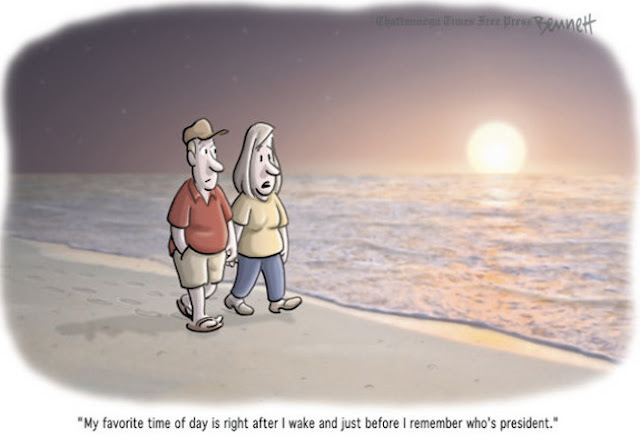 Couple walking along beach at sunrise.  Woman says, 