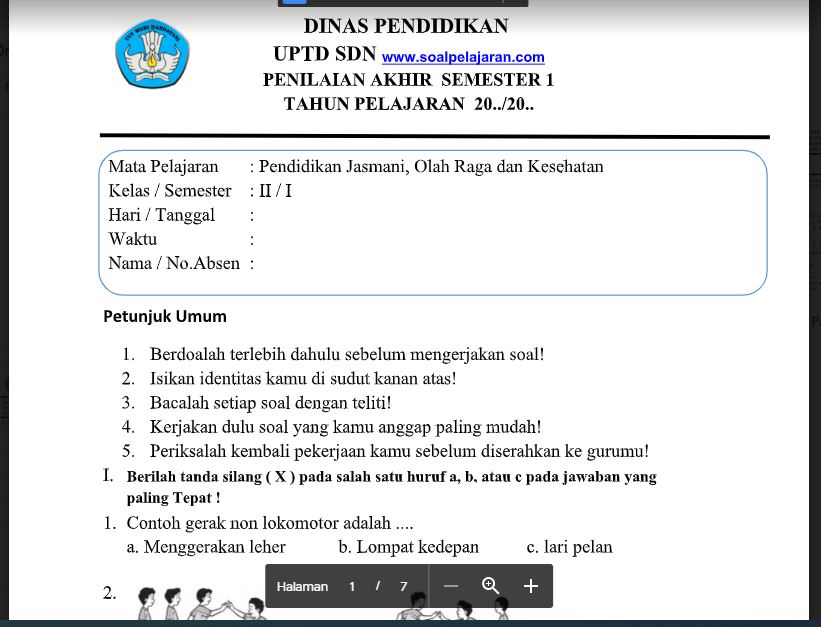 Soal PAS Kelas 2 PJOK Semester 1 Kurikulum 2013 Soal