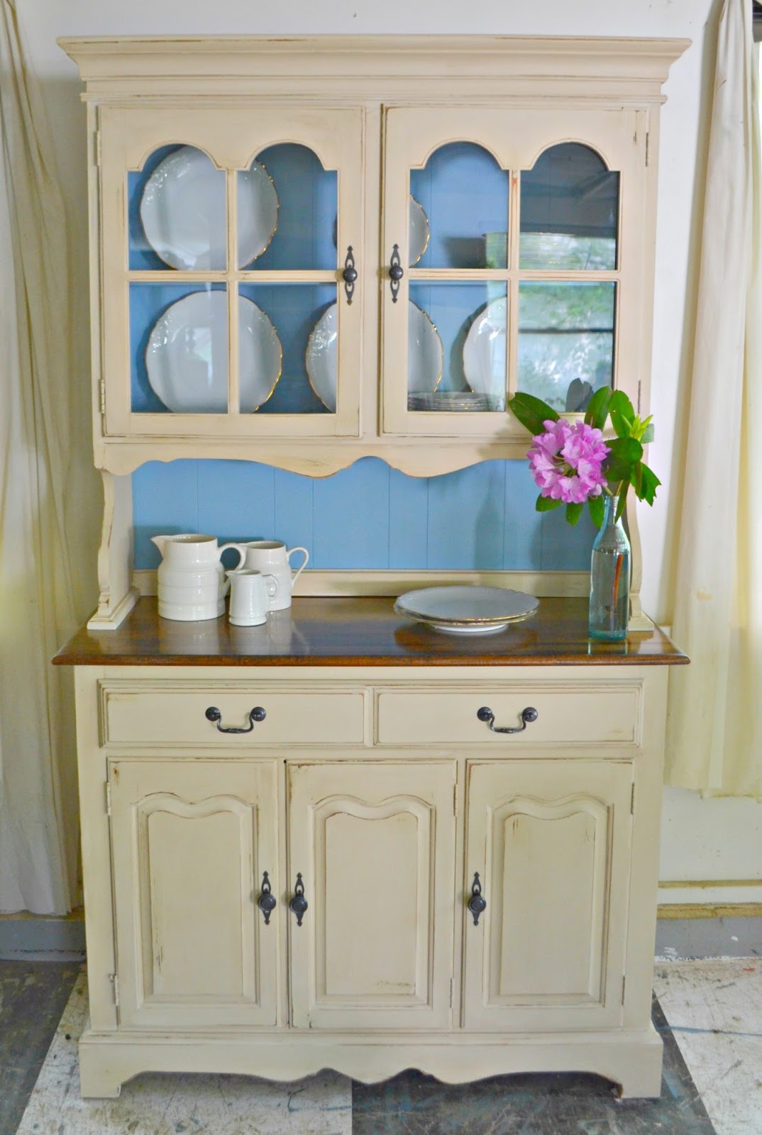 Heir and Space A Vintage Maple Hutch in Ivory and Blue