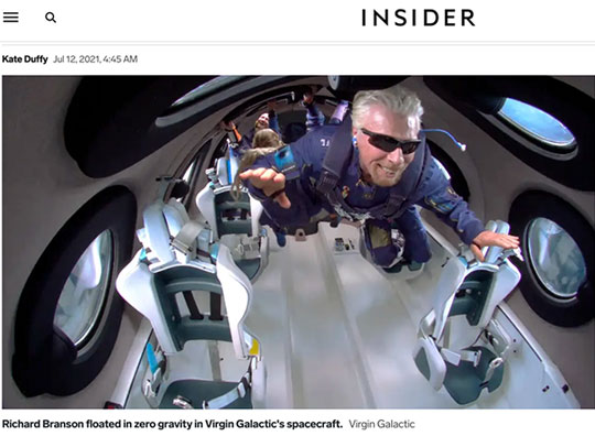 Richard Branson and crew float in zero gravity (Source: BusinessInsider)