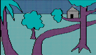 Animation based on images from the adventure game, the Wizard and the Princess (1980), showing a rope being thrown over a branch to reach a treehouse.  The rope is then tied down with an anchor.