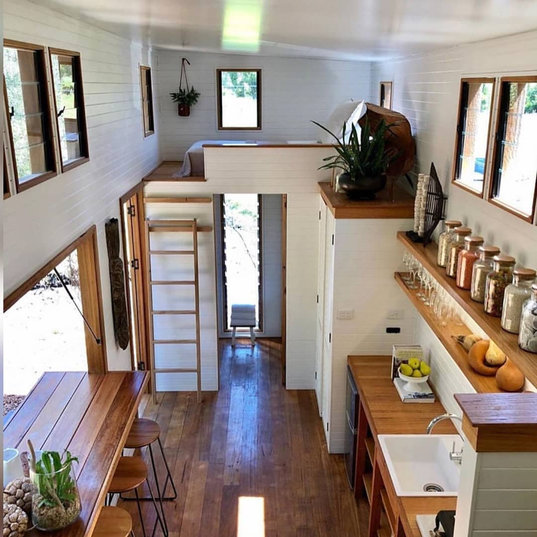 This split level tiny house is the Banjo model from littlebyronco out