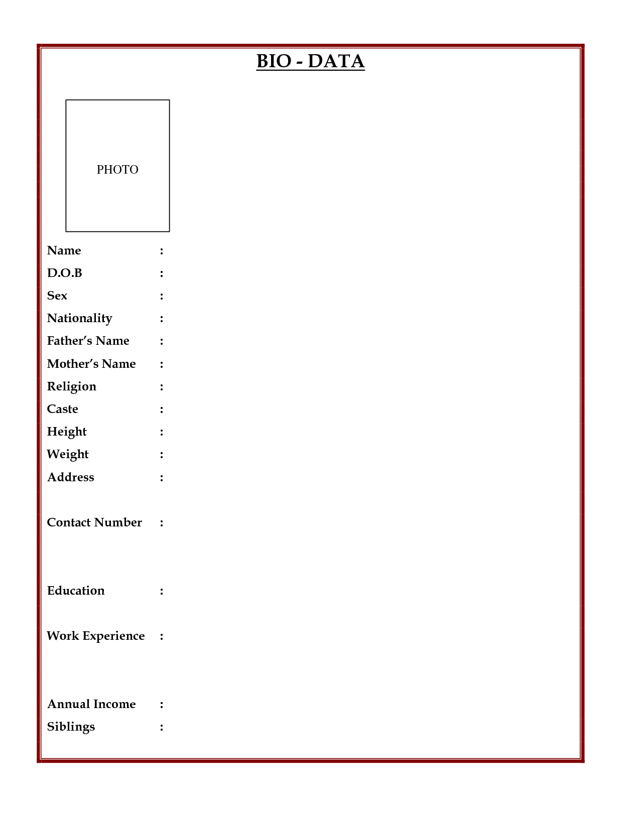 Simple Biodata Form for Normal Job Apply