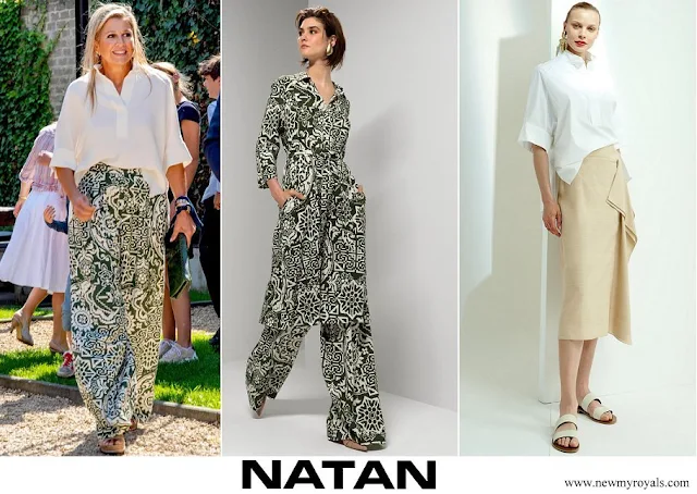 Queen Maxima wore Natan white silk shirt and printed linen trousers