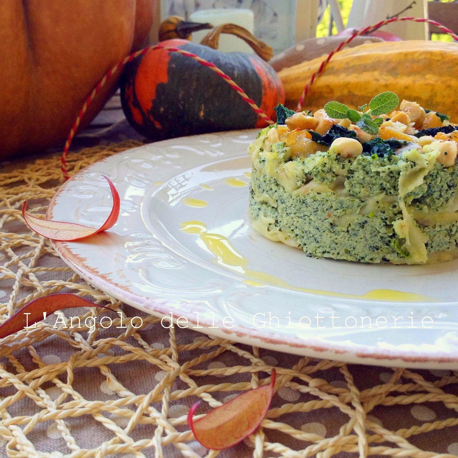 lasagnetta veggie di pane carasau, con ricotta vaccina, cavolo nero e zucca caramellata