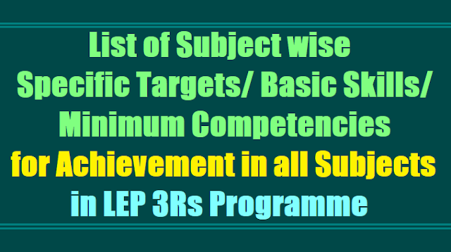 List of Subject wise Specific Targets,Basic Skills, Minimum Competencies for Achievement in LEP Programme List of Subject wise Specific Targets,Basic Skills, Minimum Competencies for Achievement in LEP Programme