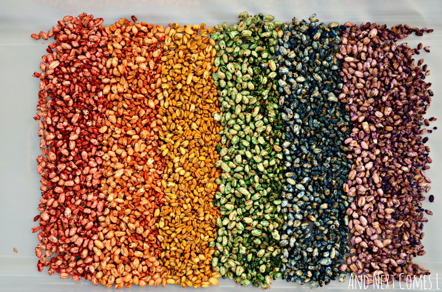 Sensory bin with rainbow dyed cereal