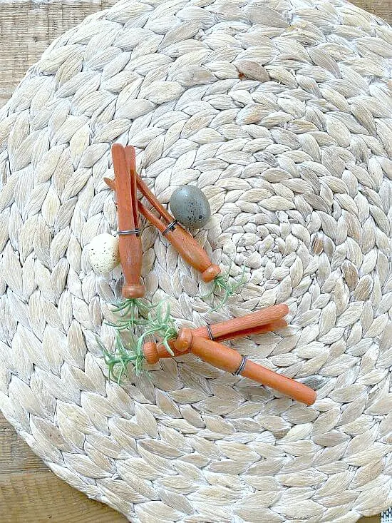 Top view of clothespin carrots and eggs