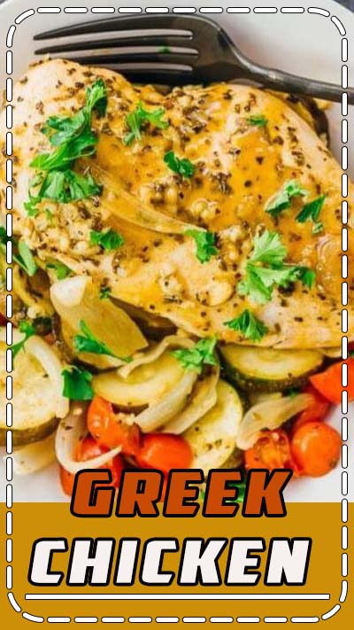 Juicy and tender roasted Greek chicken! Chicken breasts are marinated with olive oil, lemon juice, and spices, and then oven baked with vegetables. The marinade is easy to make, and it's a one pan dinner with minimal prep work. The juices leftover from baking are reduced to a flavorful sauce. It's also healthy, keto, low carb, and paleo. #healthy #healthyrecipes #lowcarb #keto #ketorecipes #paleo #dinner #easydinner #chicken