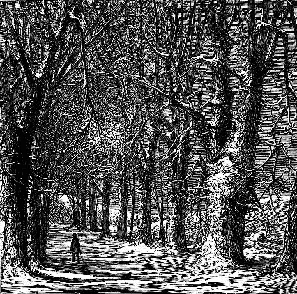 Harry Fenn illustration a Harry Fenn illustration, a man walking a country road in winter