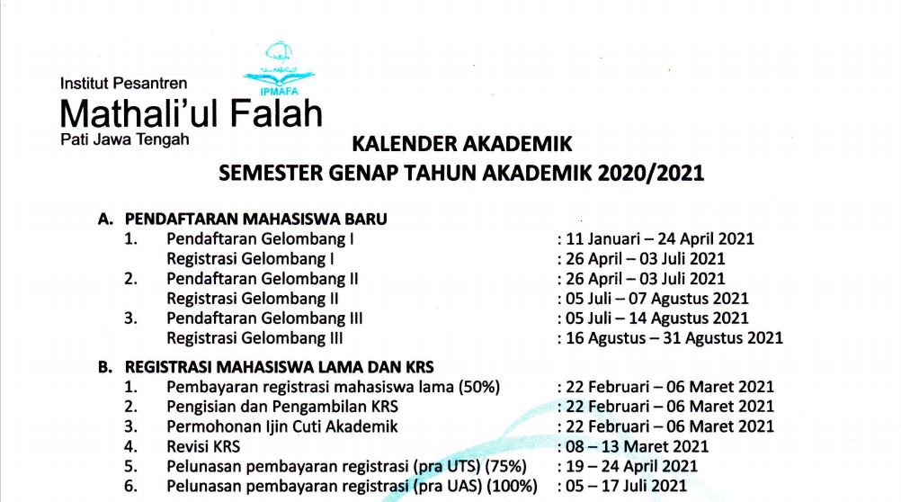 KALENDER AKADEMIK SEMESTER GENAP TAHUN AKADEMIK 2020 / 2021
