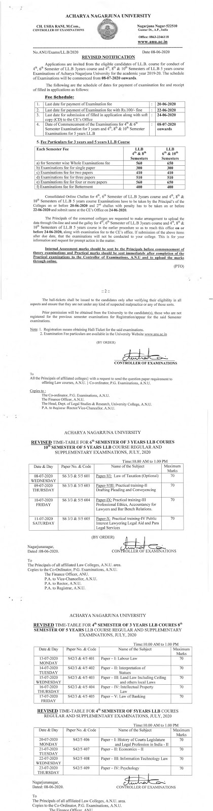 acharya nagarjuna university llb even sem june-july 2020 revised fee notification