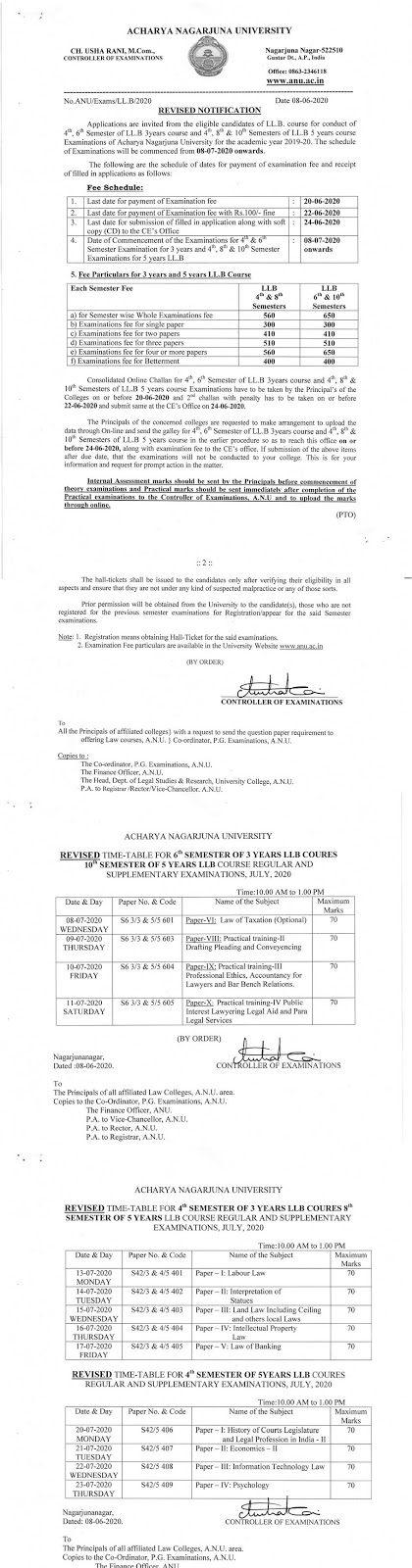 acharya nagarjuna university llb even sem june-july 2020 revised fee notification