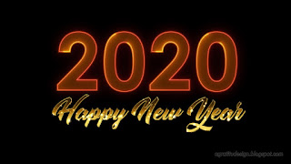 Happy New Year 2020 Greeting With Gold And Neon Light Style Isolated On Black Background