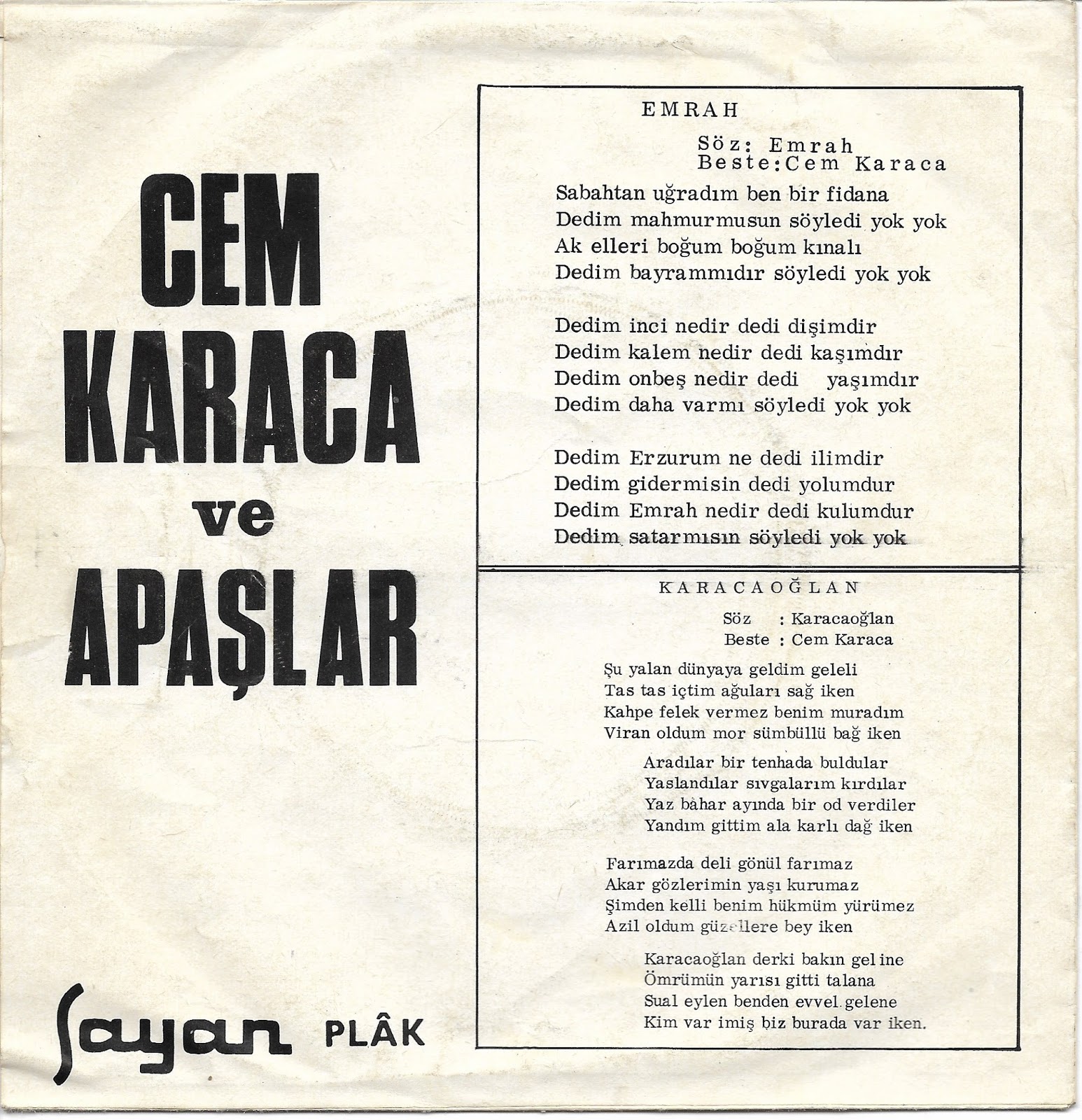 Cem Karaca Apaslar Bu Son Olsun Karacaoglan 45 Lik Vintage Records